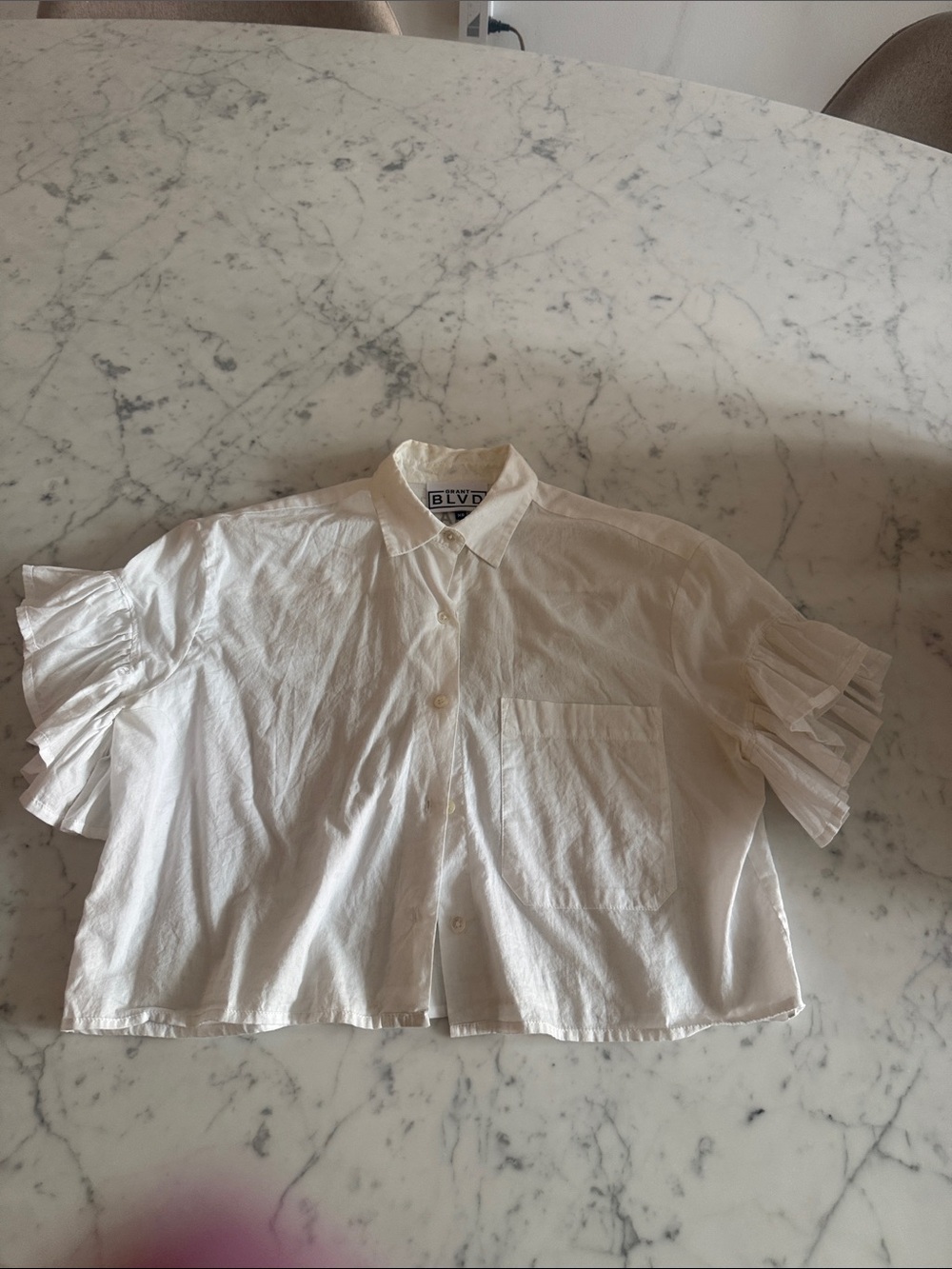 BLVD White Short Ruffle Sleeve Button-Down Crop Top